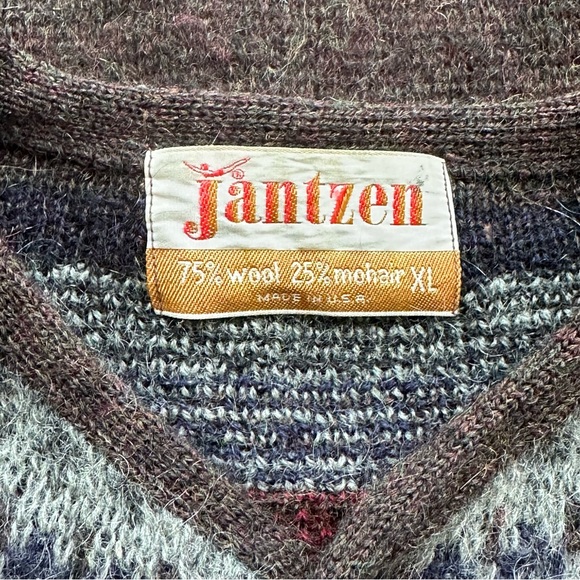 JANTZEN Vintage Brown Multi Color Fair Aisle Wool & Mohair Button Cardigan XL - Picture 5 of 12